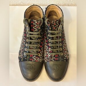 Chanel Olive Tweed Ankle Booties
